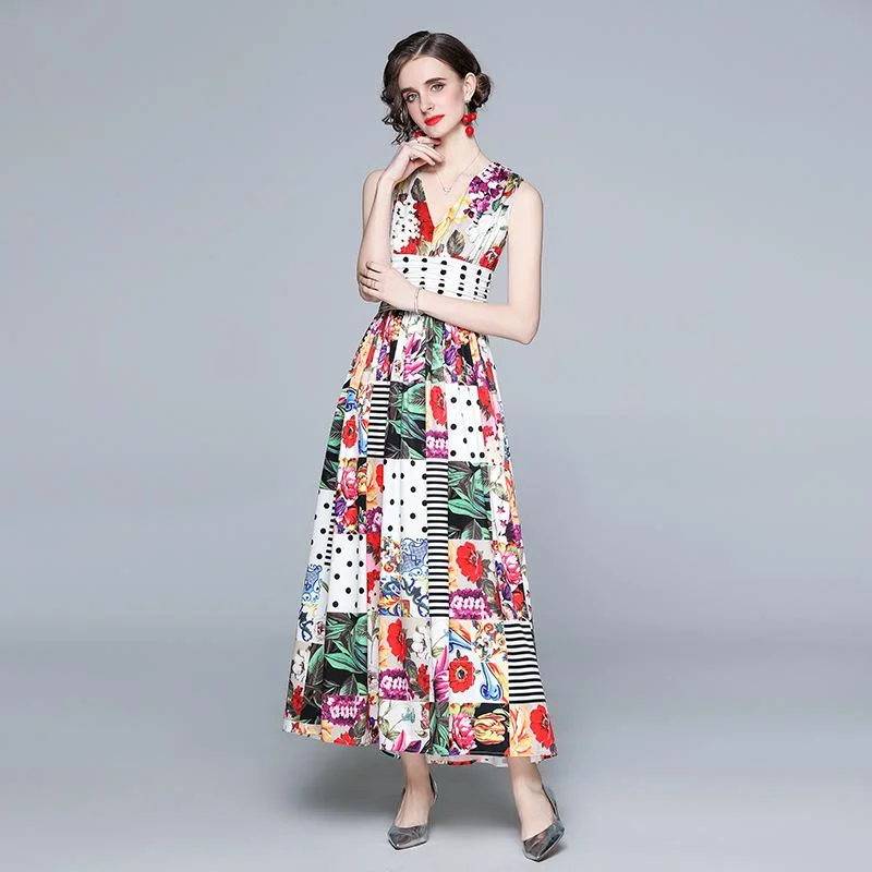 Retro polka dot flower contrast print V-neck holiday big swing dress