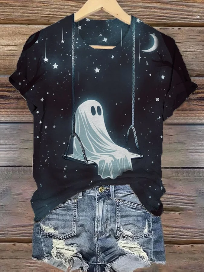 Women's Ghost On Swing Print Casual T-Shirt