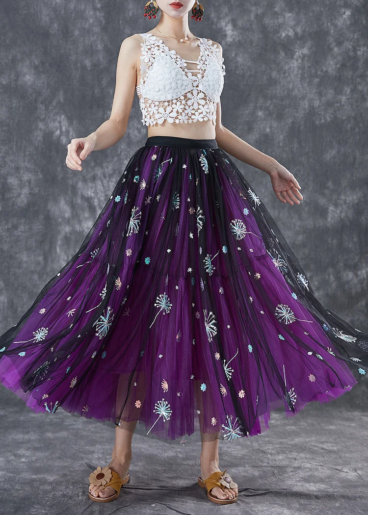 Bohemian Purple Dandelion Embroideried Wear On Both Sides Tulle Skirt Summer