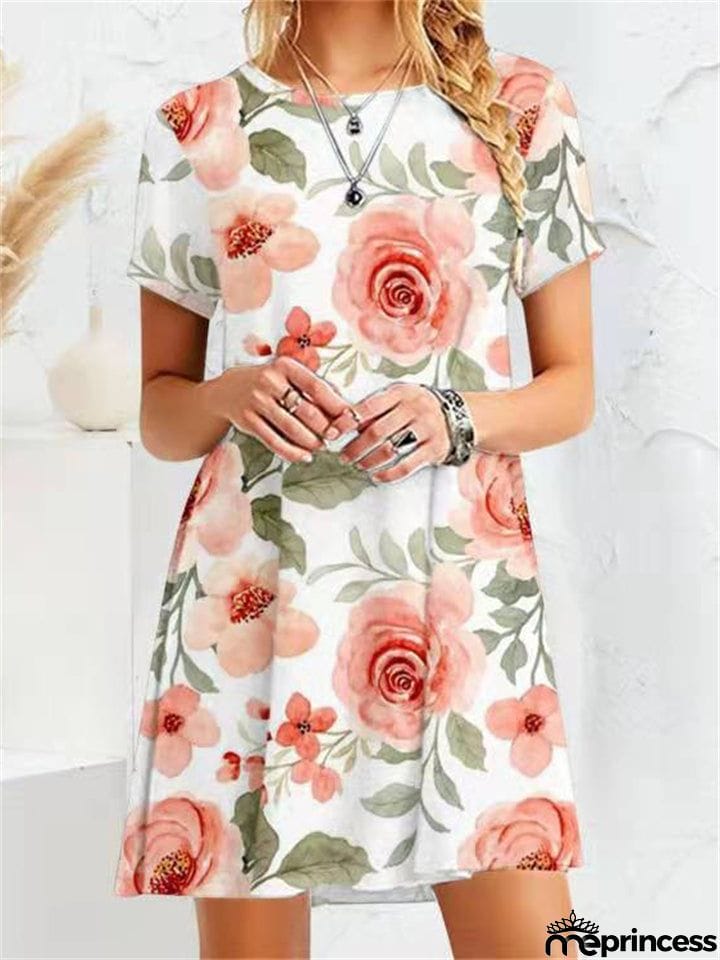 Gentle Female Flower Print Crew Neck Short Sleeve Trendy Dress