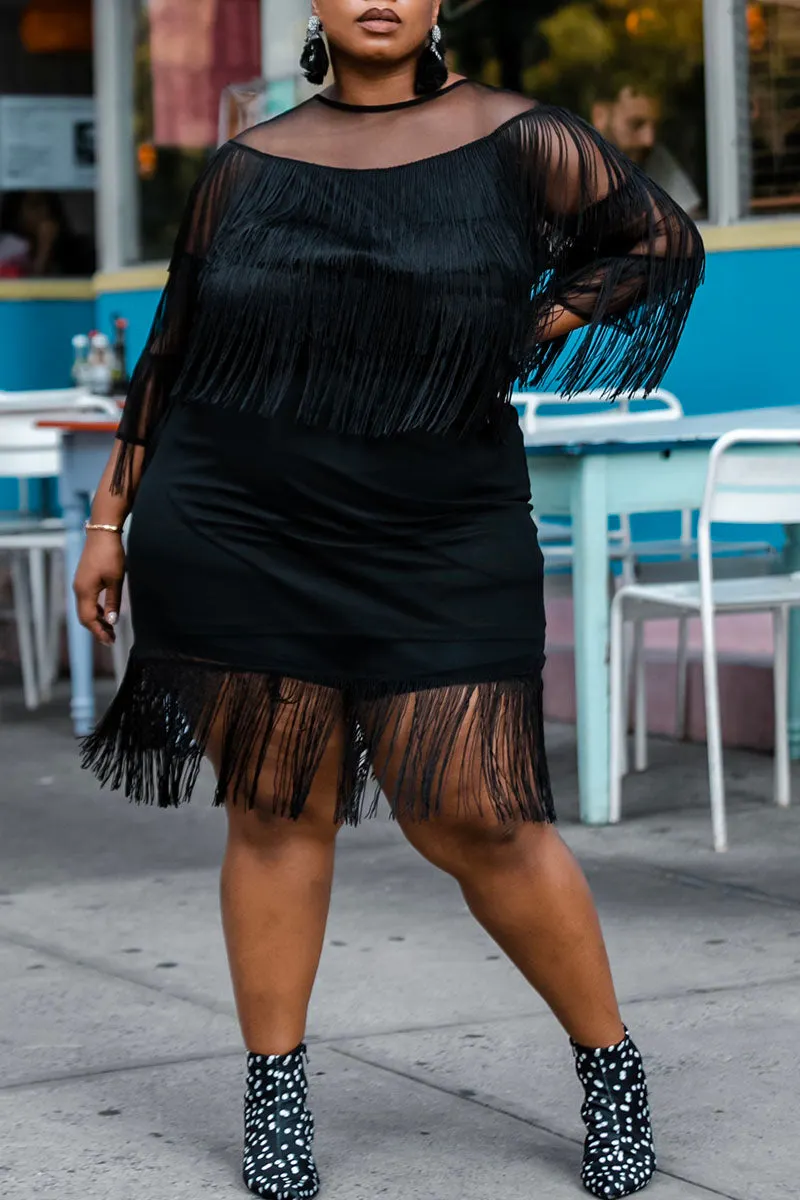 Plus Size Plain Midi Dresses Sheer Fringed