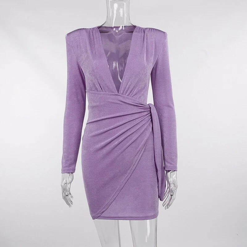 Women Solid Long Sleeve Wrap Mini Dress V Neck Shoulder Pad Lace Up Bodycon  Party Elegant Club 2023 Autumn Winter