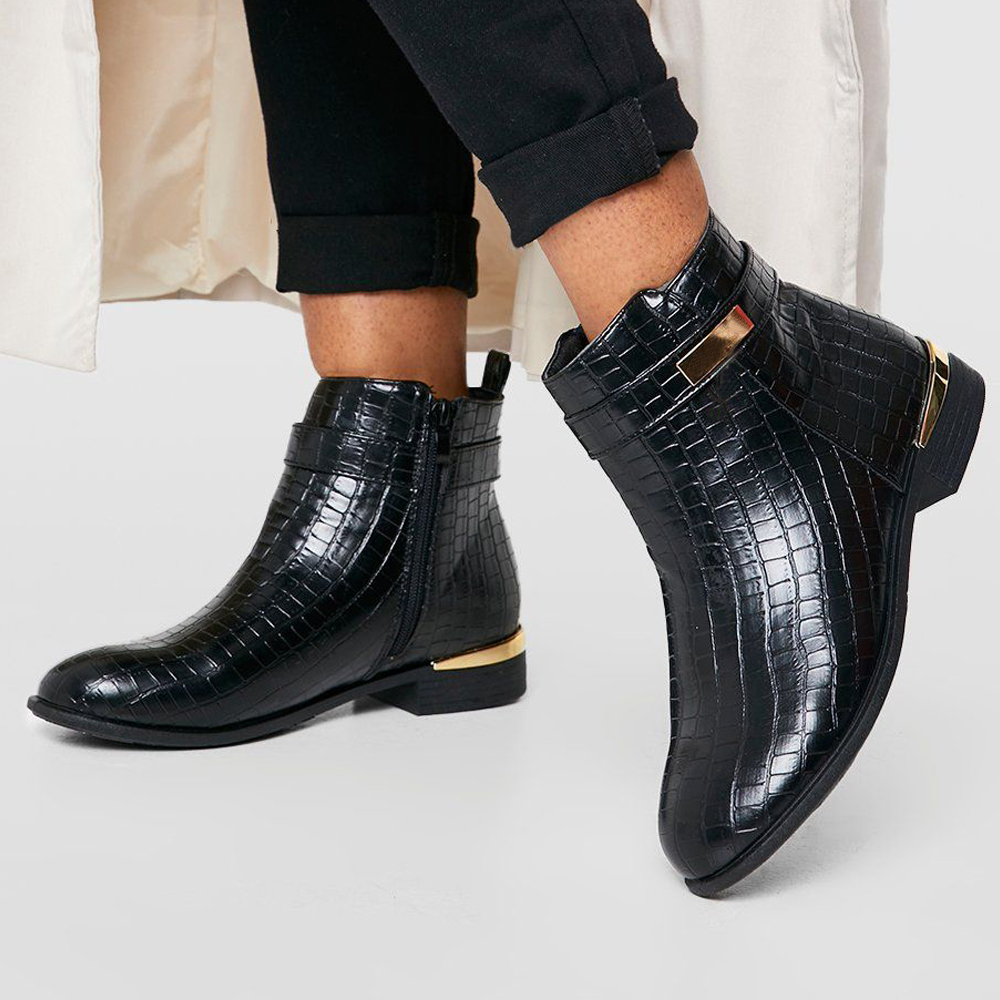 Black Crocodile  Ankle Boots With Zipper Chunky Low Heel Nicepairs