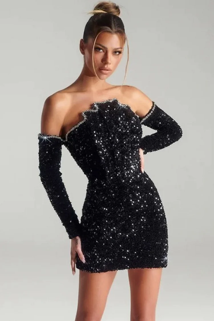 Strapless Sequins With Gloves Mini Dress-Black