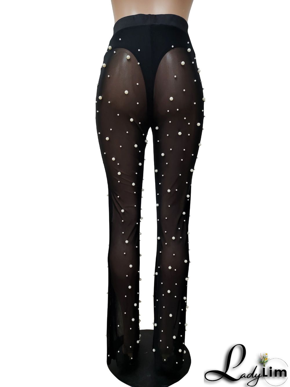 Autumn and winter women's elastic mesh bead trousers with bottoms