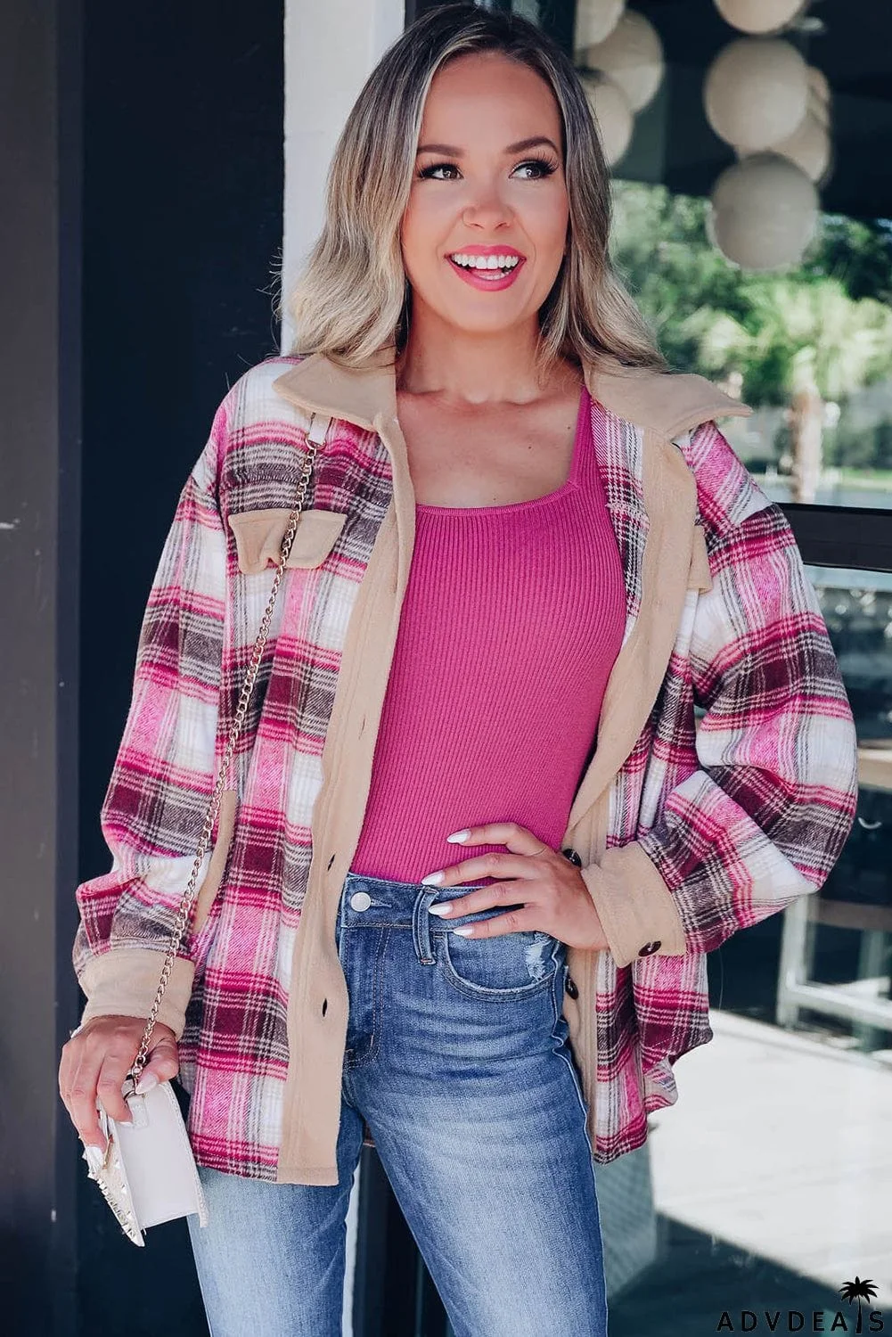Rose Buttoned Contrast Trim Plaid Shacket