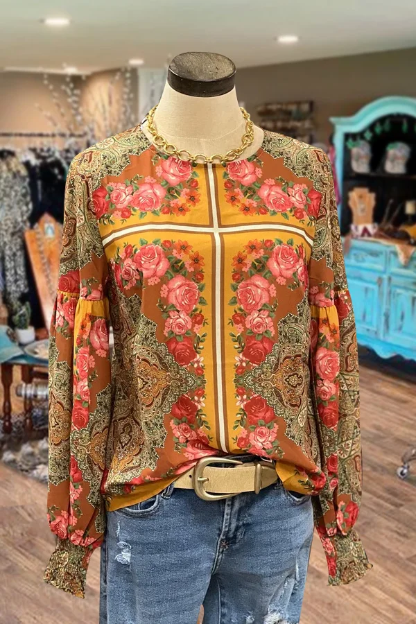 Paisley Flower Print Ruched Sleeve Blouse