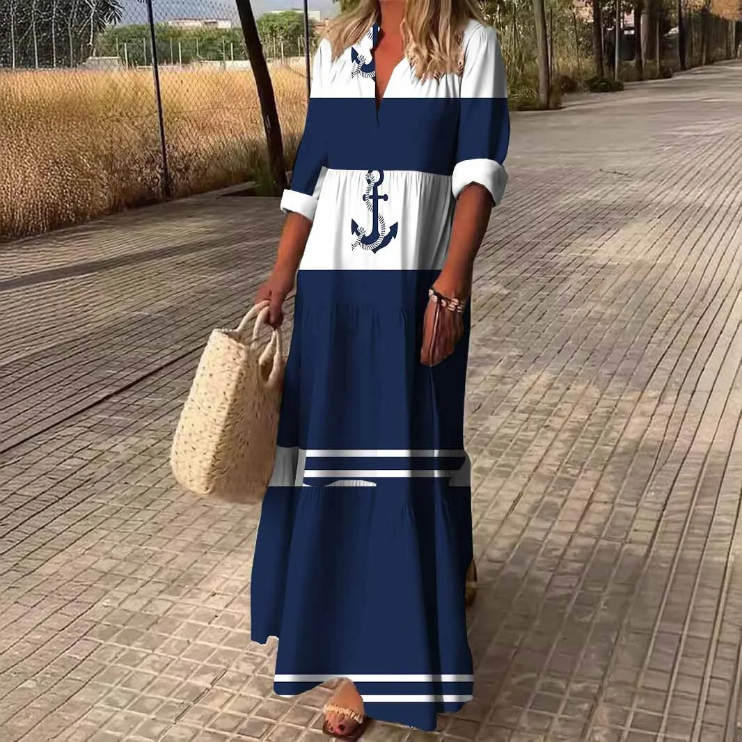 Women Anchor,Blue,Stripes DZDN1094 SPU Printed Long Sleeve V-neck Maxi Dress