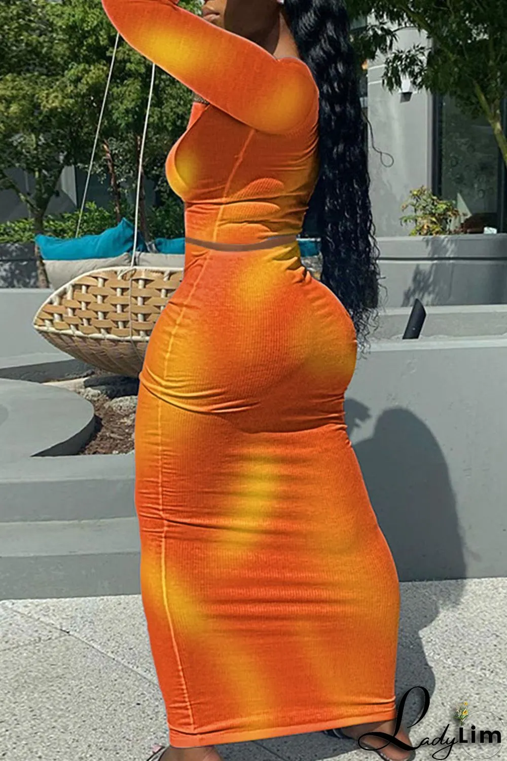 Lake Green Sexy Print Patchwork O Neck Long Sleeve Two Pieces