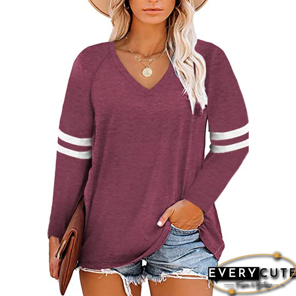 Wine Red Splice White Stripes V Neck Plus Size Tops