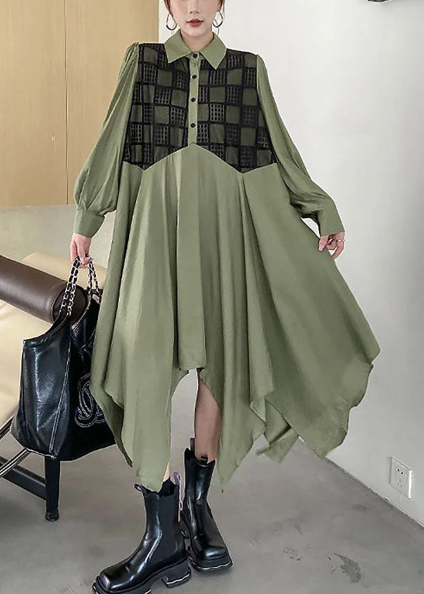 Chic Army Green Asymmetrical Patchwork Cotton Shirt Dresses Spring