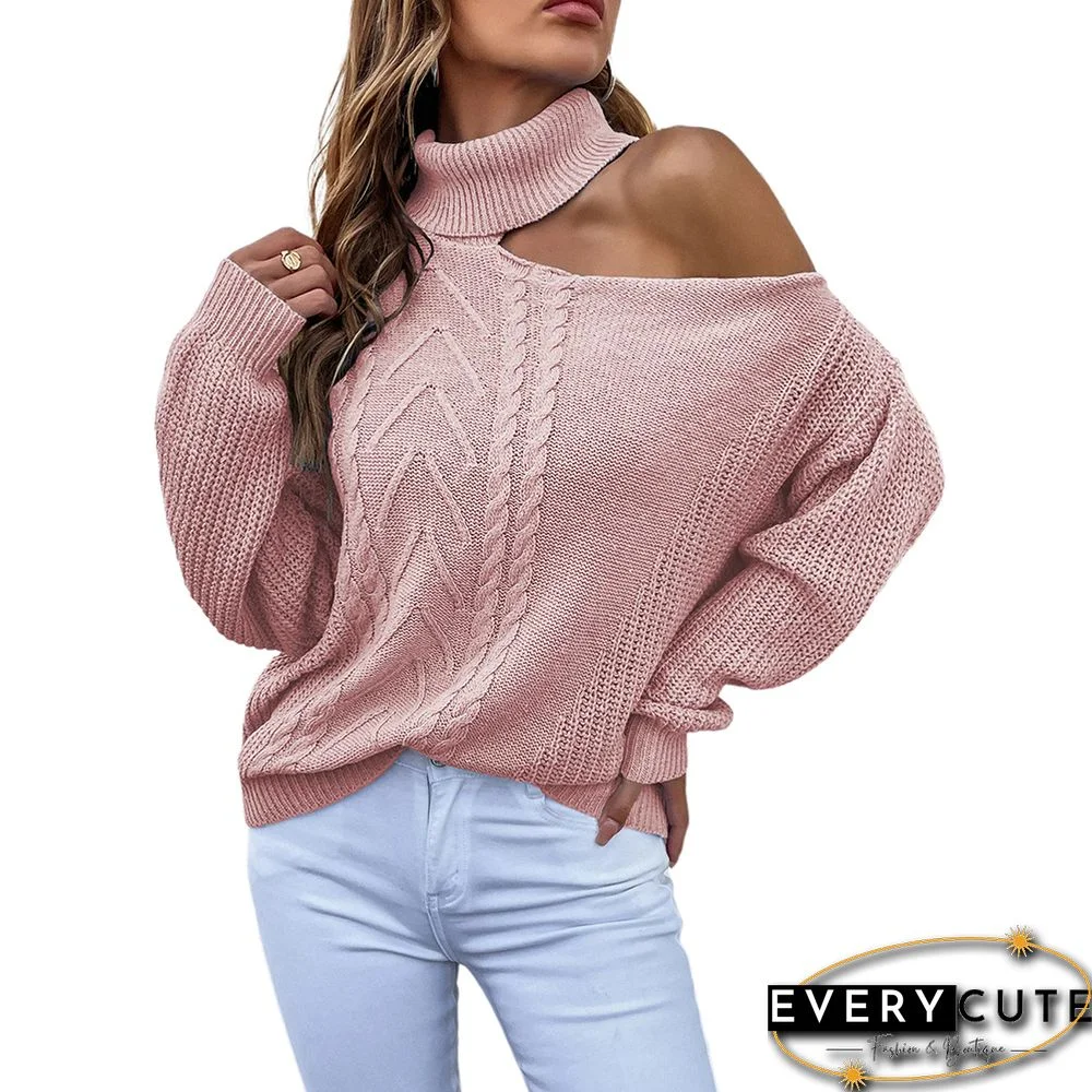 Pink Turtleneck One Shoulder Knit Pullover Sweater