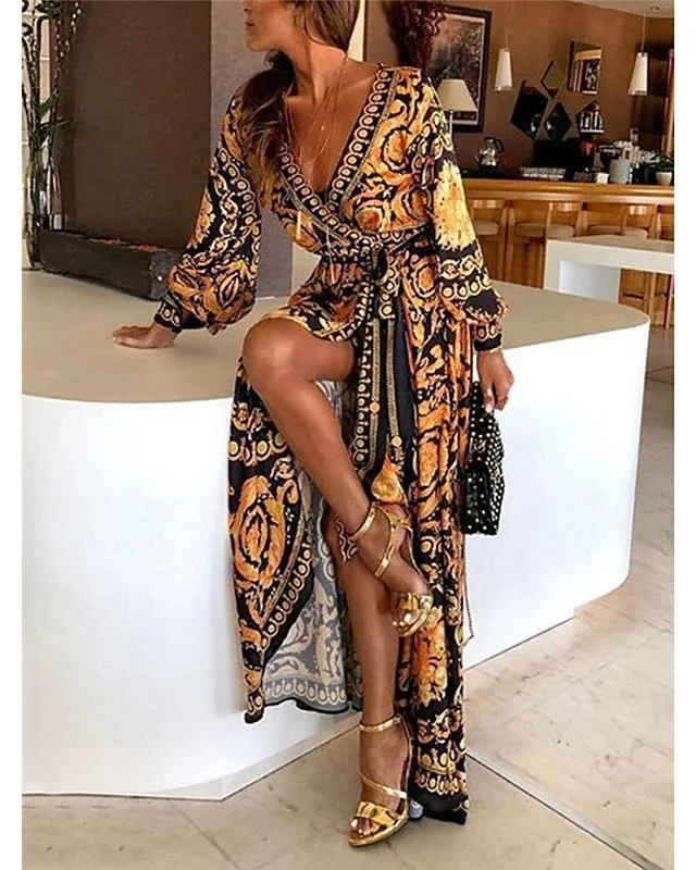 Women's Wrap Dress Maxi Long Dress - Long Sleeve Other Print Spring & Summer Deep V Hot Boho Holiday Going Out Beach Yellow / Vacation Dresses