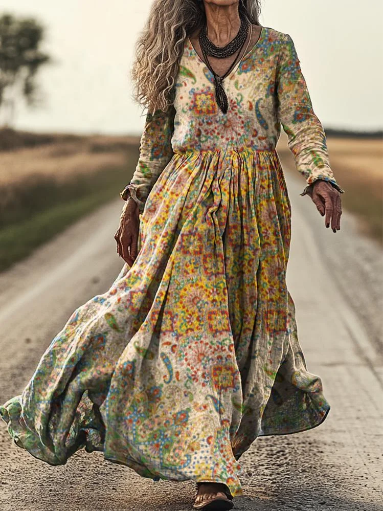 Women's Vintage Ethnic Flower Print Casual V-Neck Pocket Cotton Dress