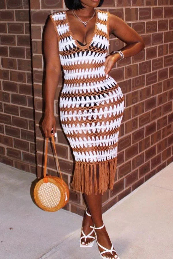 Wavy Lines Crochet Cutout Stunning Tassel Midi Dress Beachwear