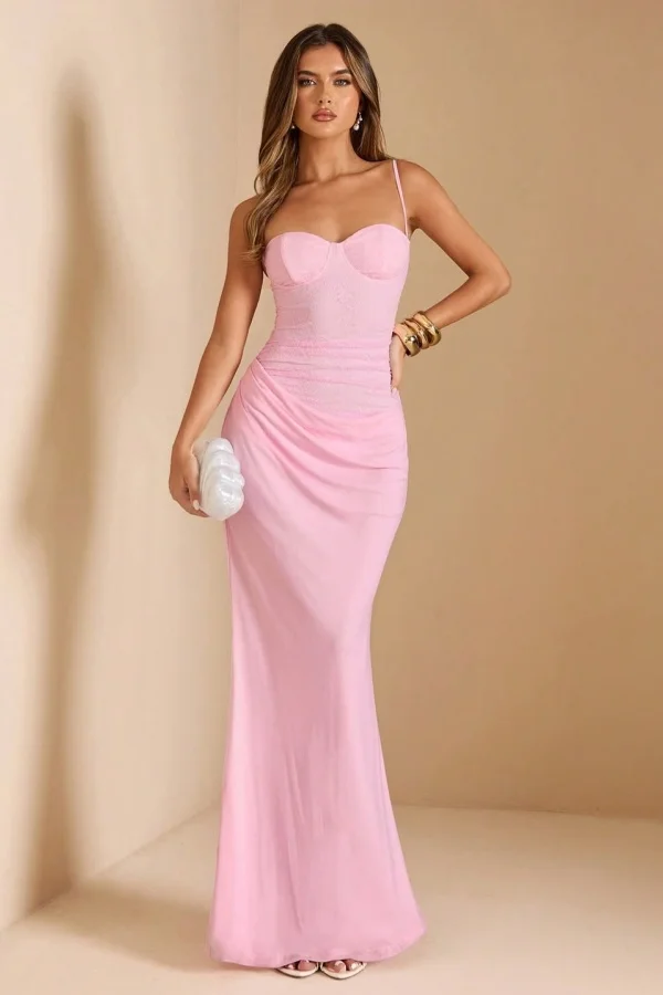 Lussooy Sleeveless Pink Spaghetti Strap Mermaid Prom Dress With Pleated 