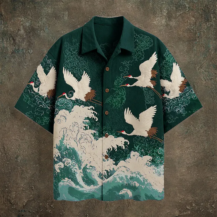 Japanese Wave & Crane Men's Casual Linen Short Sleeve Shirt