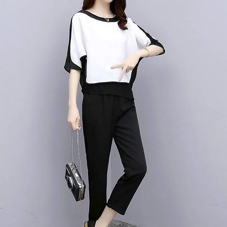 Fashion Crew Neck Contrast Mid Sleeve Two Piece Set