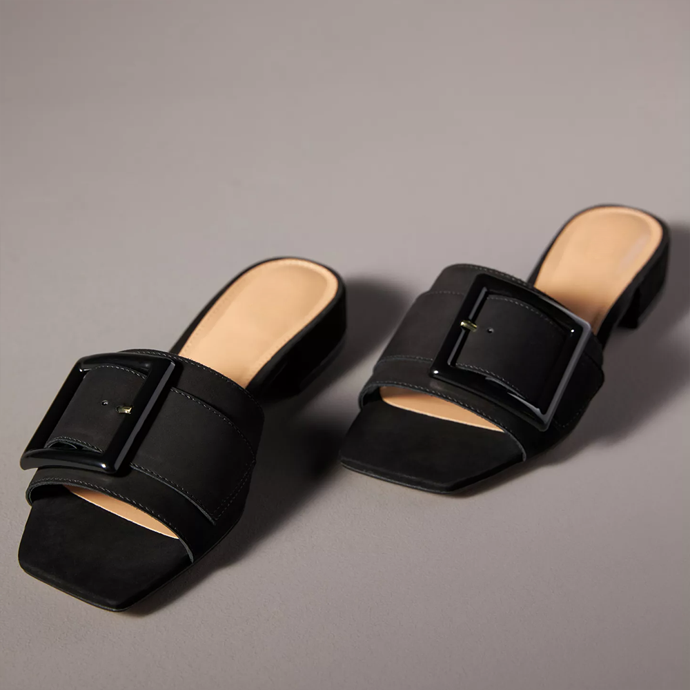 Black Open Toe Block Heel Wide Band Buckle Mules Sandals Nicepairs