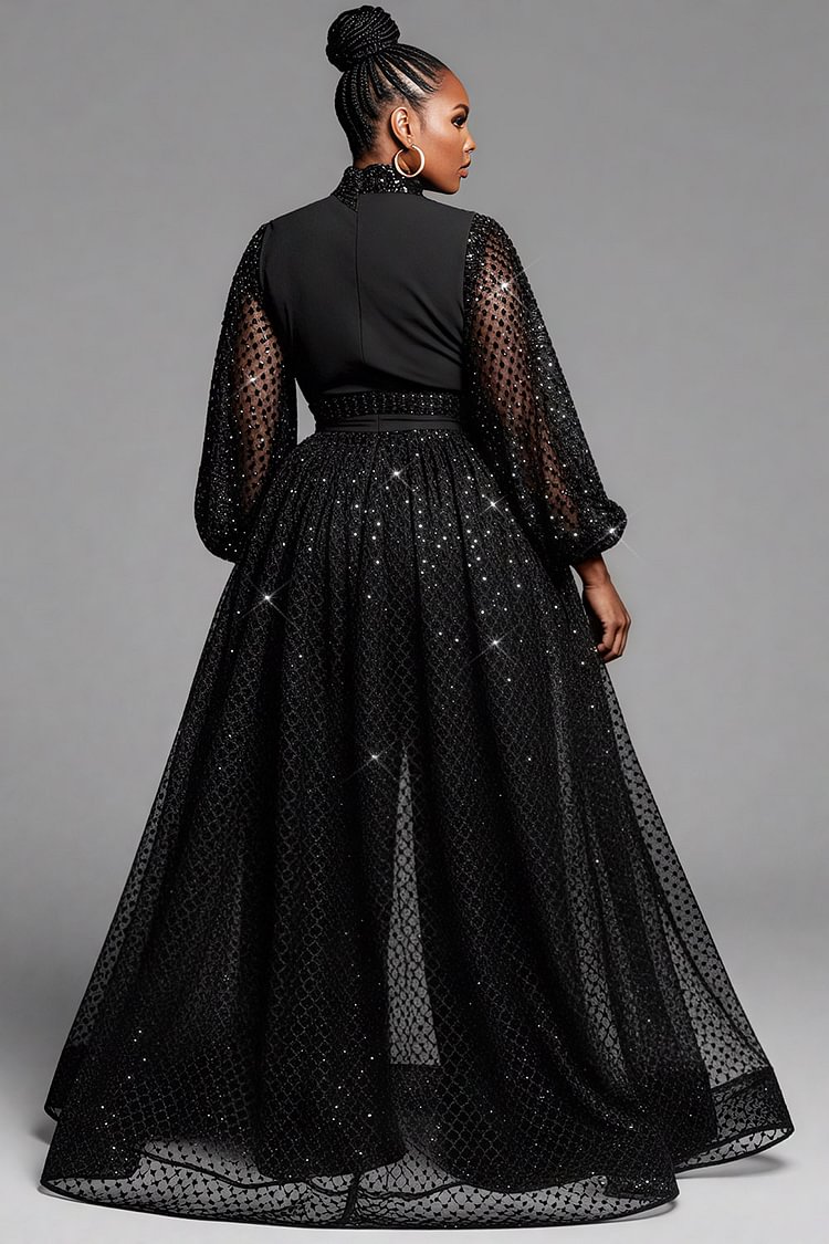 Xpluswear Design Plus Size Formal Black Mock Neck Lantern Sleeve Long Sleeve With Skirt Overlay Elegant Jumpsuits [Pre-Order]