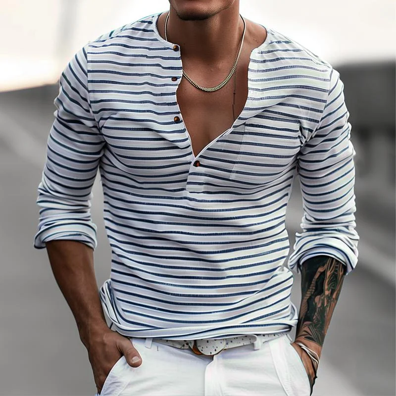 Men's Striped Henley Collar Long Sleeve Casual T-Shirt