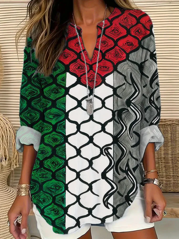 Roses Are Red Print Women's V-Neck Long Sleeve Shirt