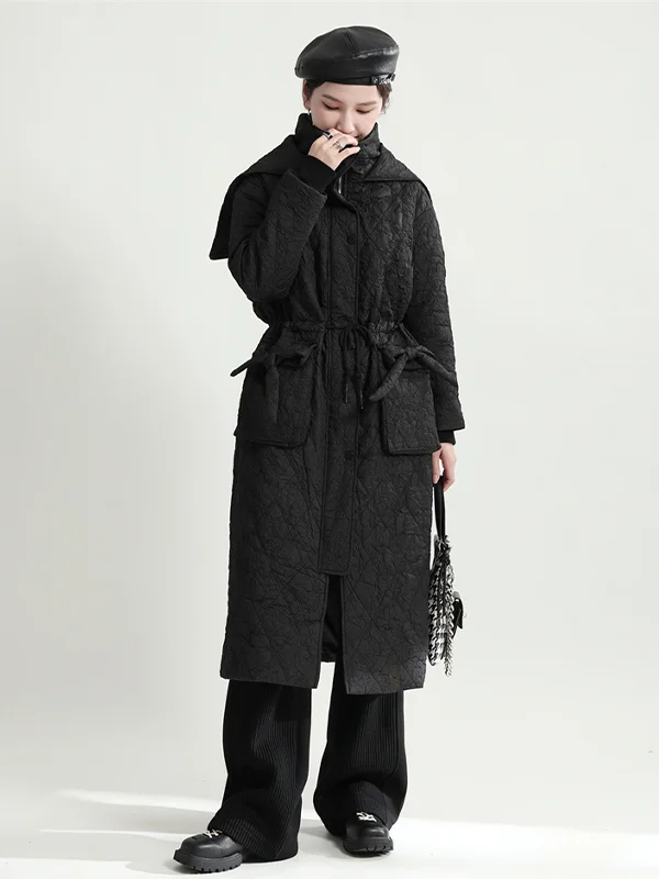 Loose Drawstring With Hat And Cotton Coat - yankia