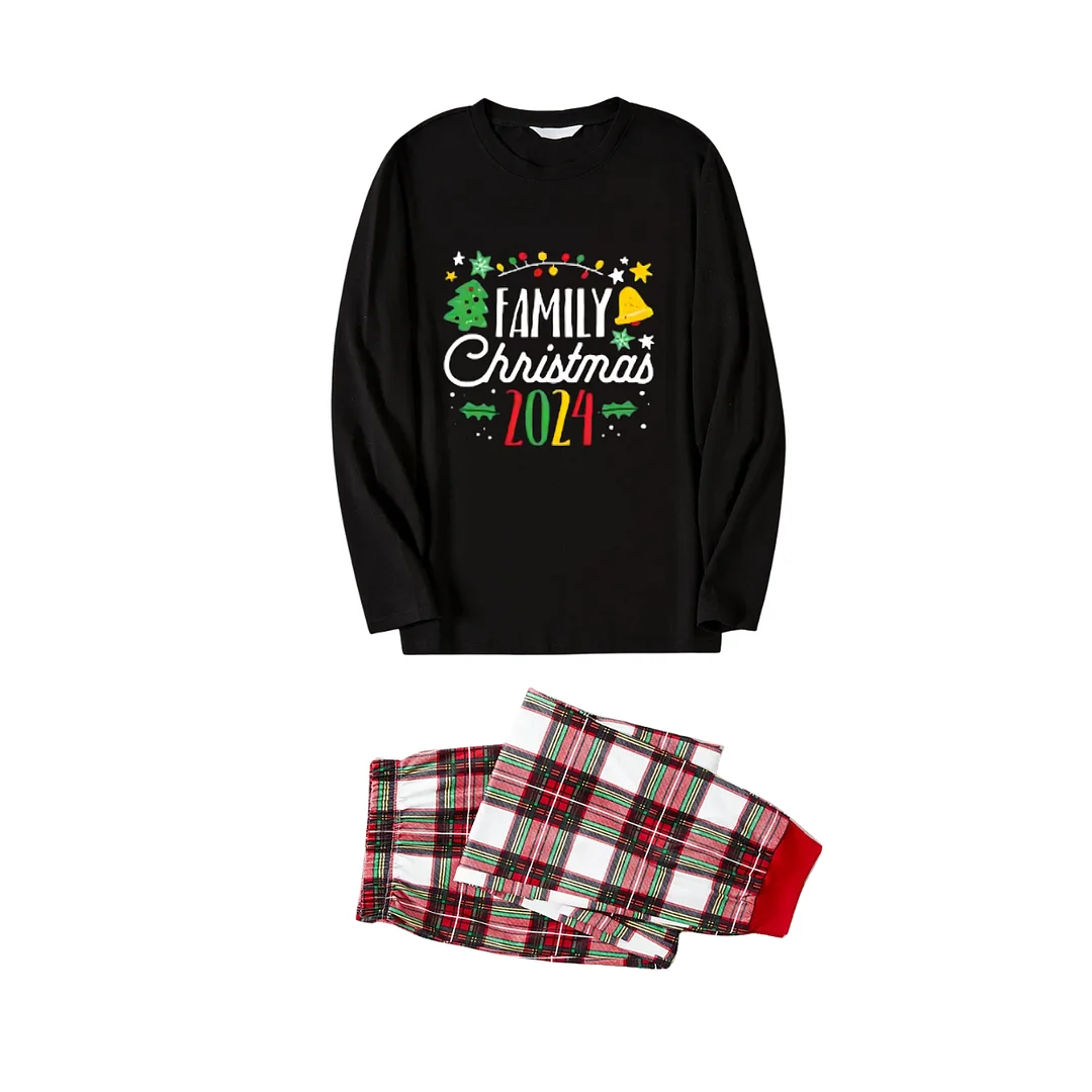 "Family Christmas 2024" Pattern Ⅰ- Black Top with Red & White & Green Plaid Pants Family Matching Pajamas