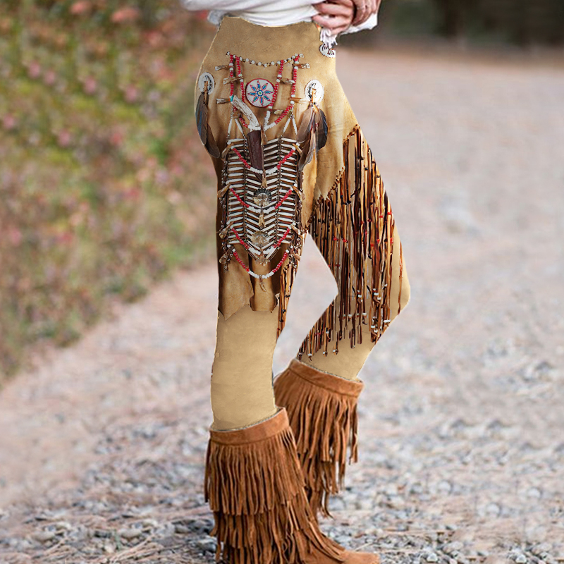  Women's Western Vintage Tassels Art Casual Leggings Westsshops