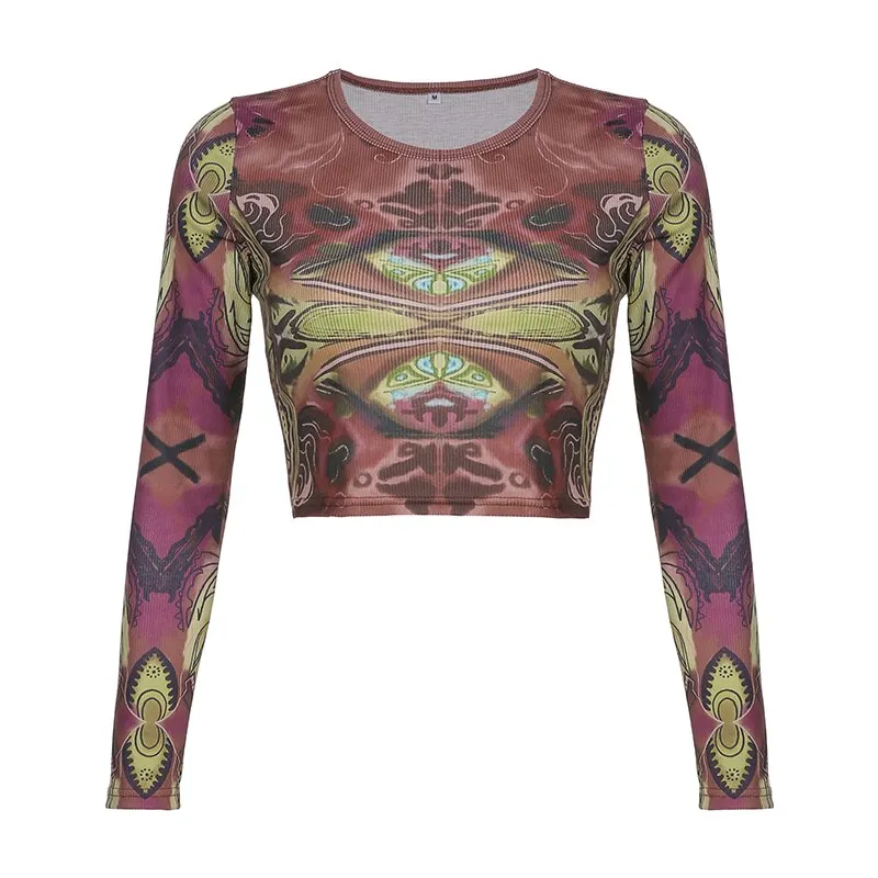 HEYounGIRL Grunge Harajuku Printed Crop Top T Shirt Women 2021 Autumn Basic Long Sleeve Gothic T-shirt Ladies Streetwear 90s