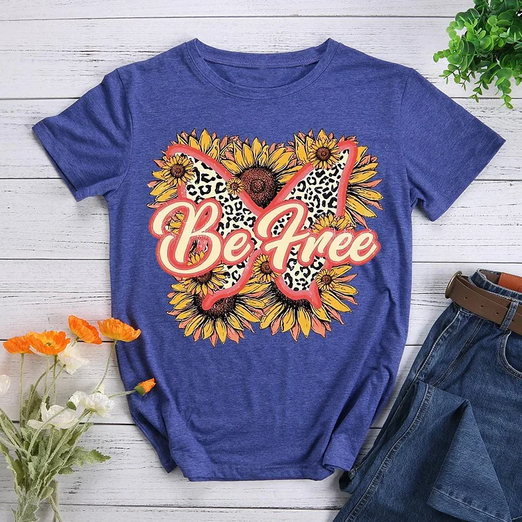 Sunflower Butterfly Round Neck T-shirt-0018595