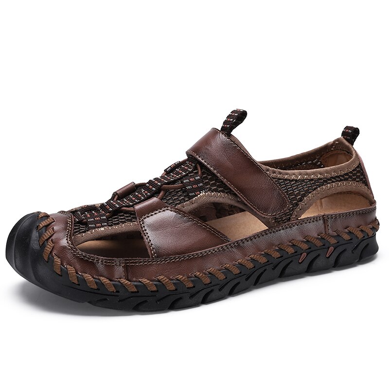 Men Closed Toe Leather Mesh Hand Stitching Outdoor Non-Slip Sandals | ARKGET