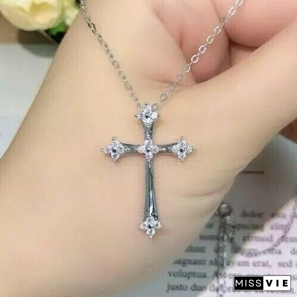 Fashion Cross Crystal Pendant 925 Sterling Silver Chain Necklace Women&rsquo;s Jewelry Luck Necklace Best Gifts