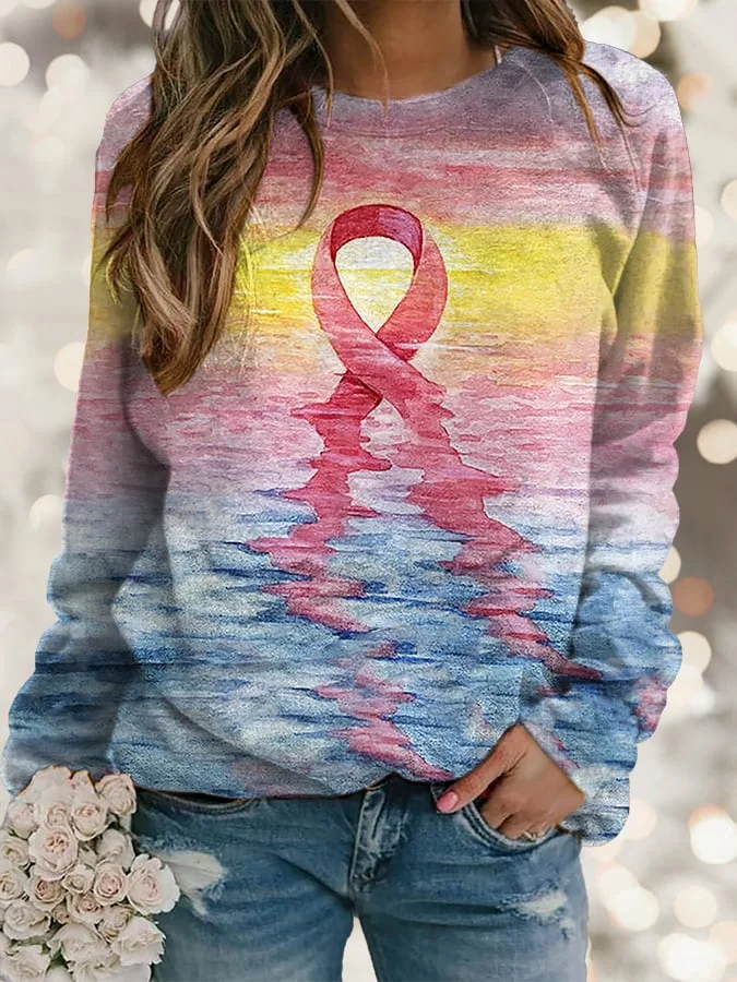 Women's Pink Ribbon Breast Cancer Art Print Long Sleeve Sweatshirt socialshop