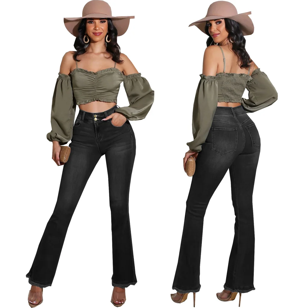 Women's Cowgirl Wide Leg Denim Micro Flared Jeans Pants