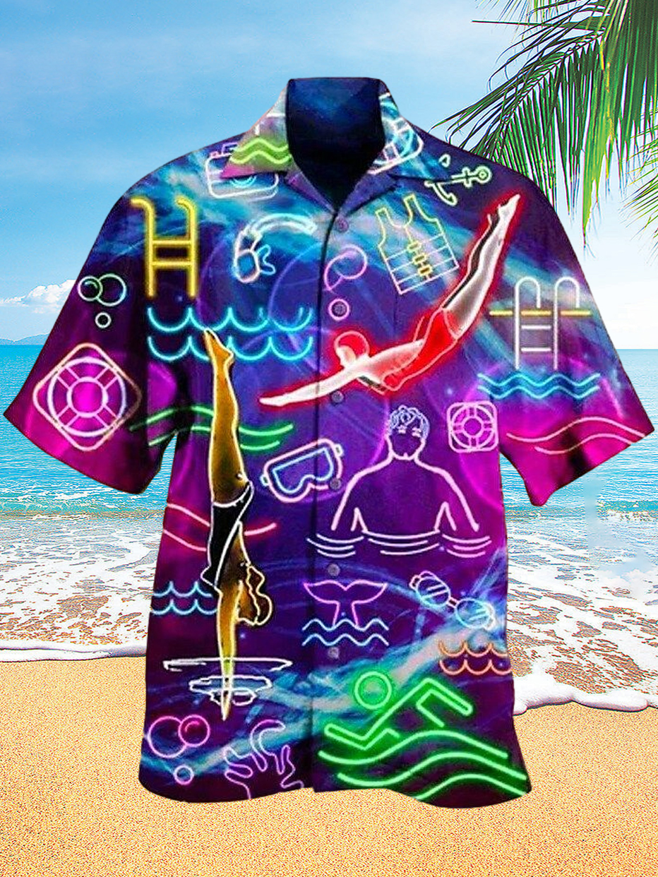 Swim Diving Neon Party Print Hawaiian Short Sleeve Cuban Collar Shirt ​ PLUSCLOTHESMAN