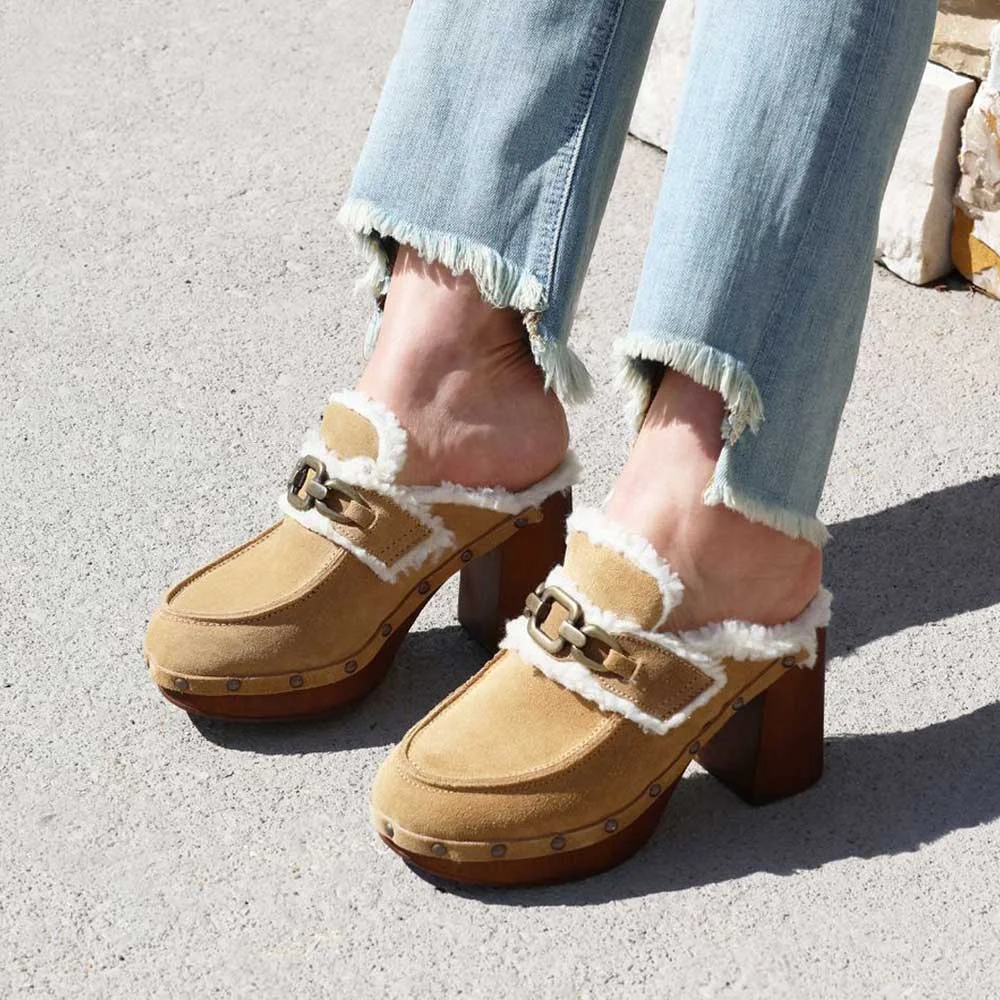 Brown Faux Fur Metal Chain Platform Mules for Women with Studs