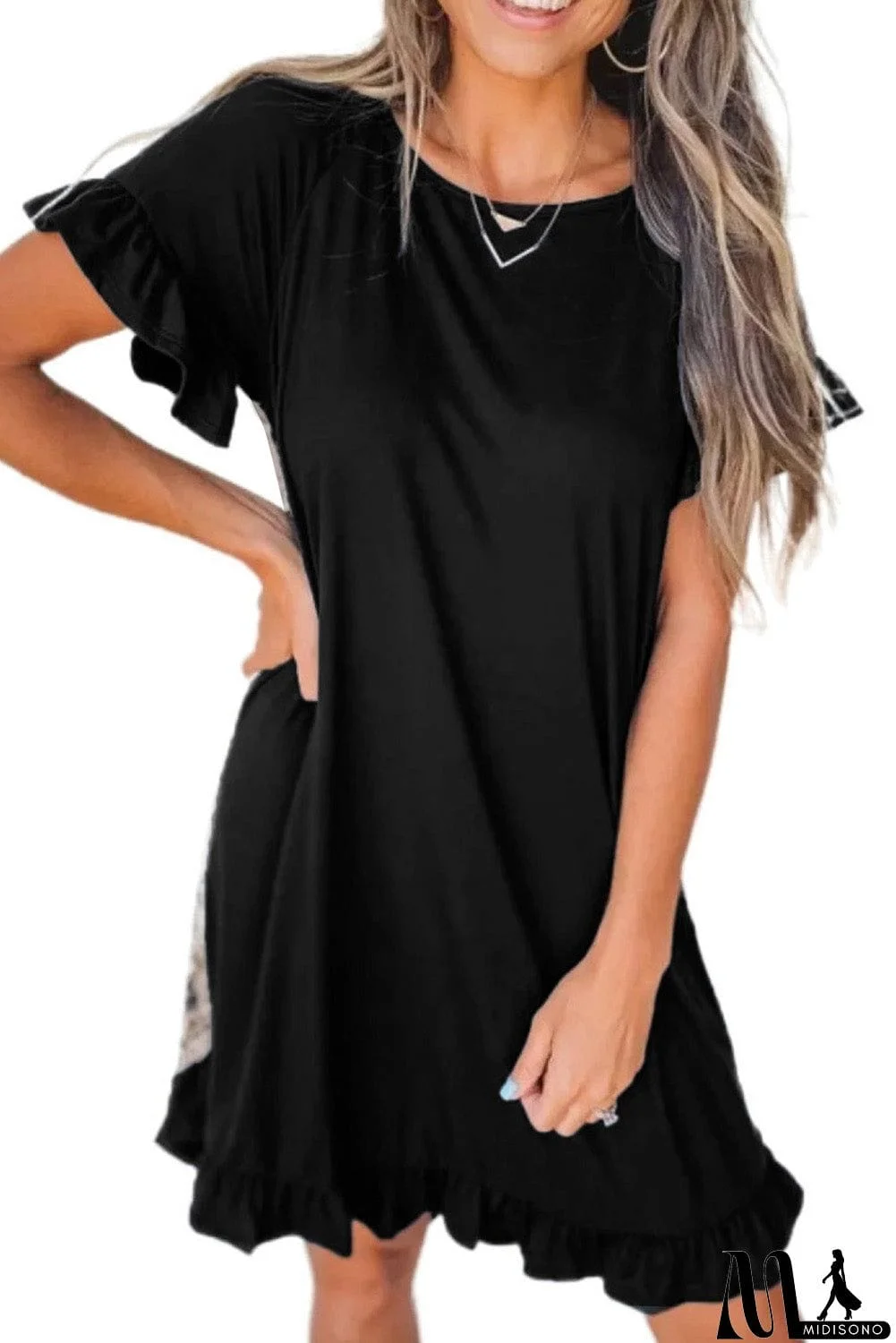 MidiSono - Flounce Design Animal Printed Short Sleeve Mini Dress