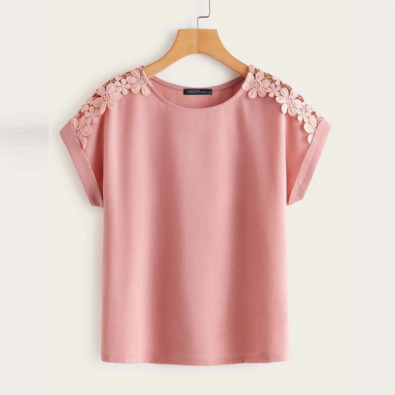 ZANZEA Blouses 2024 Women Summer Tops Short Sleeve Lace Patchwork Casual Basic Shirt O-Neck Solid Color Blusas Femme
