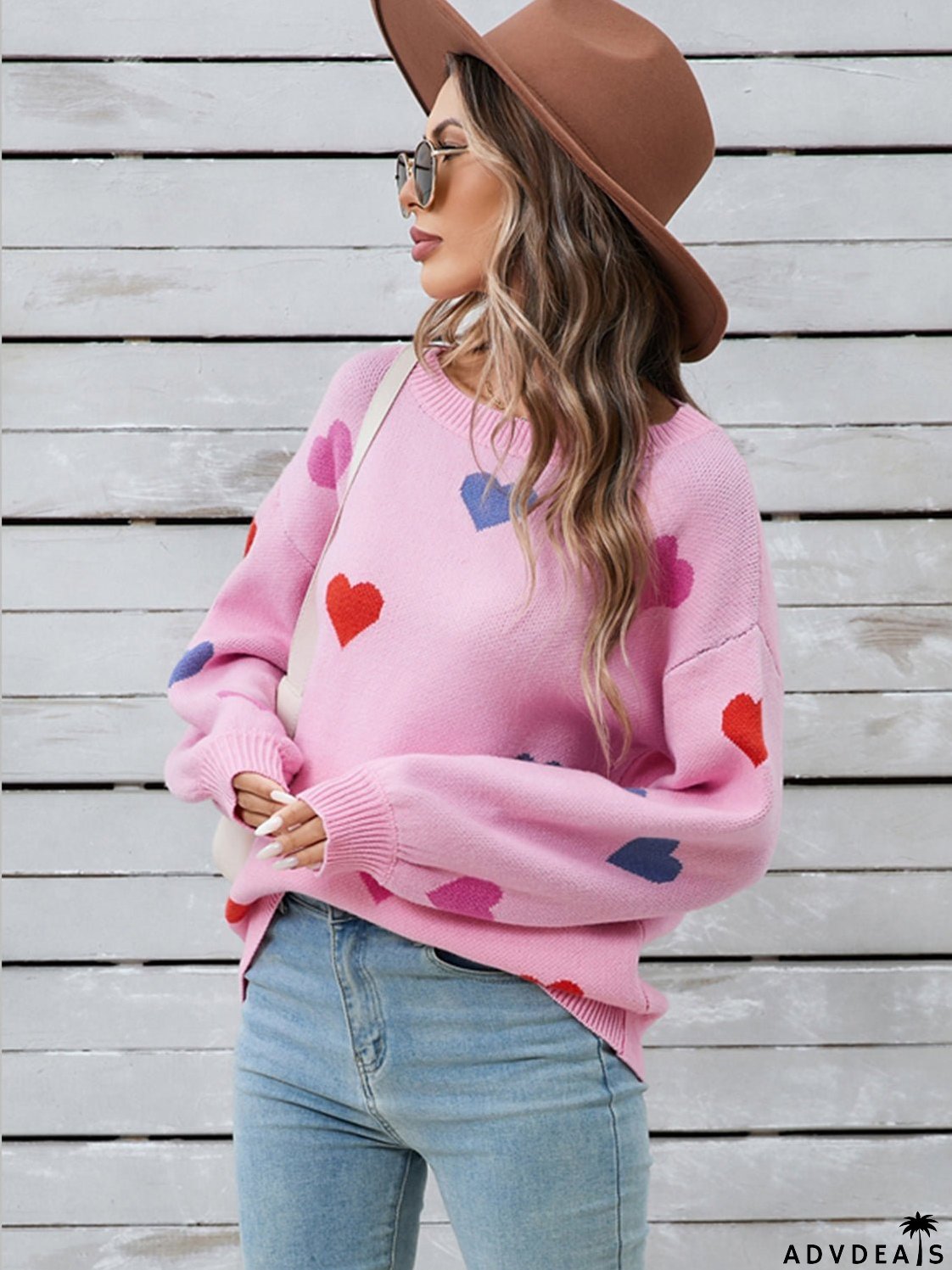 Heart-shaped, long-sleeved crew neck sweater