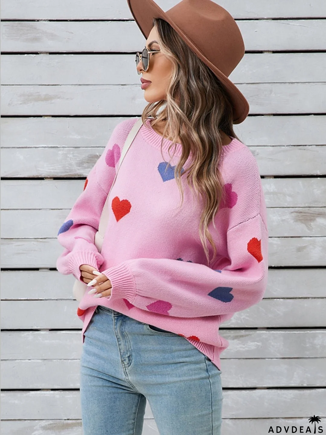 Heart-shaped, long-sleeved crew neck sweater