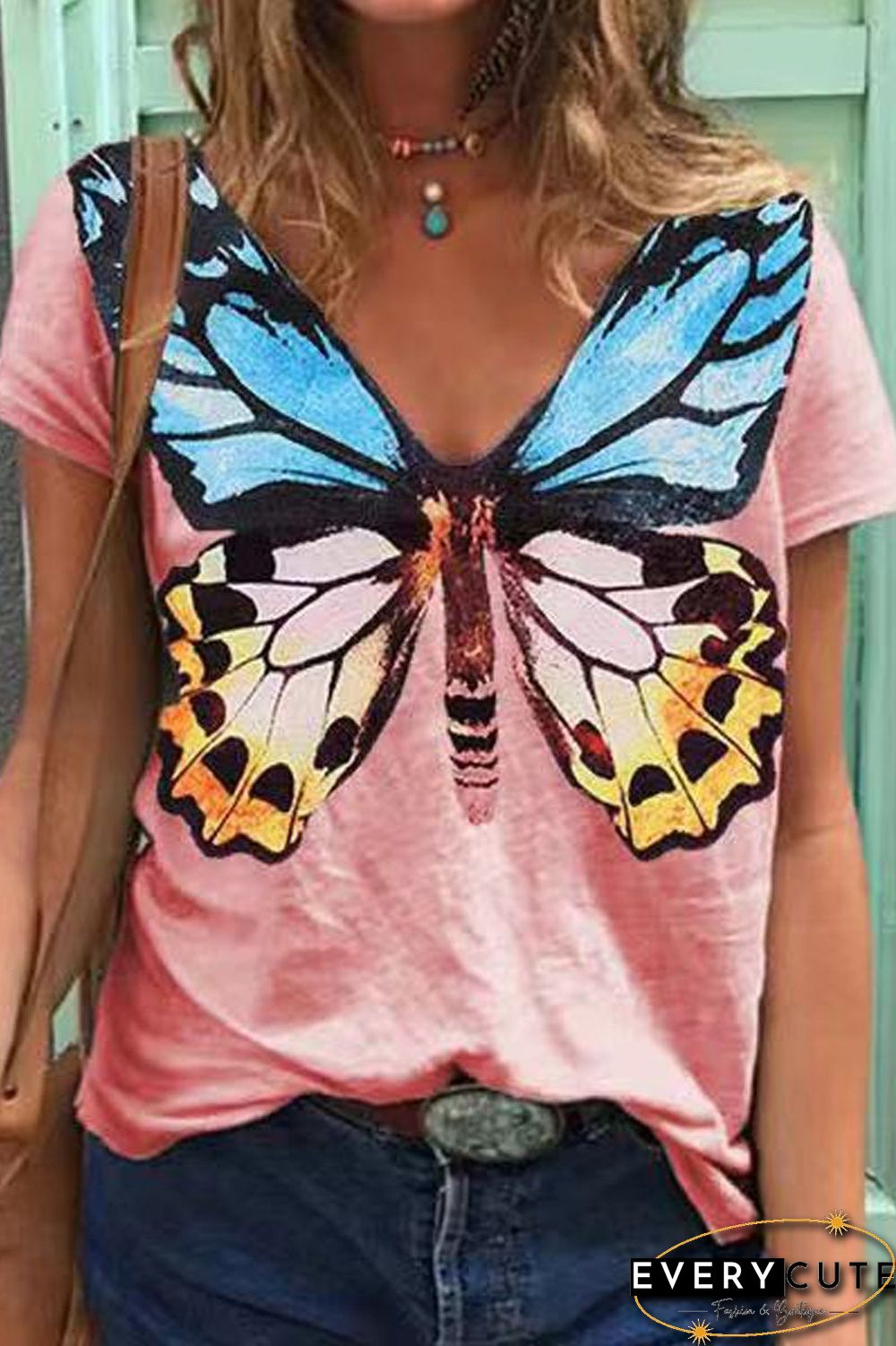 Butterfly Print V-Neck Casual T-Shirt