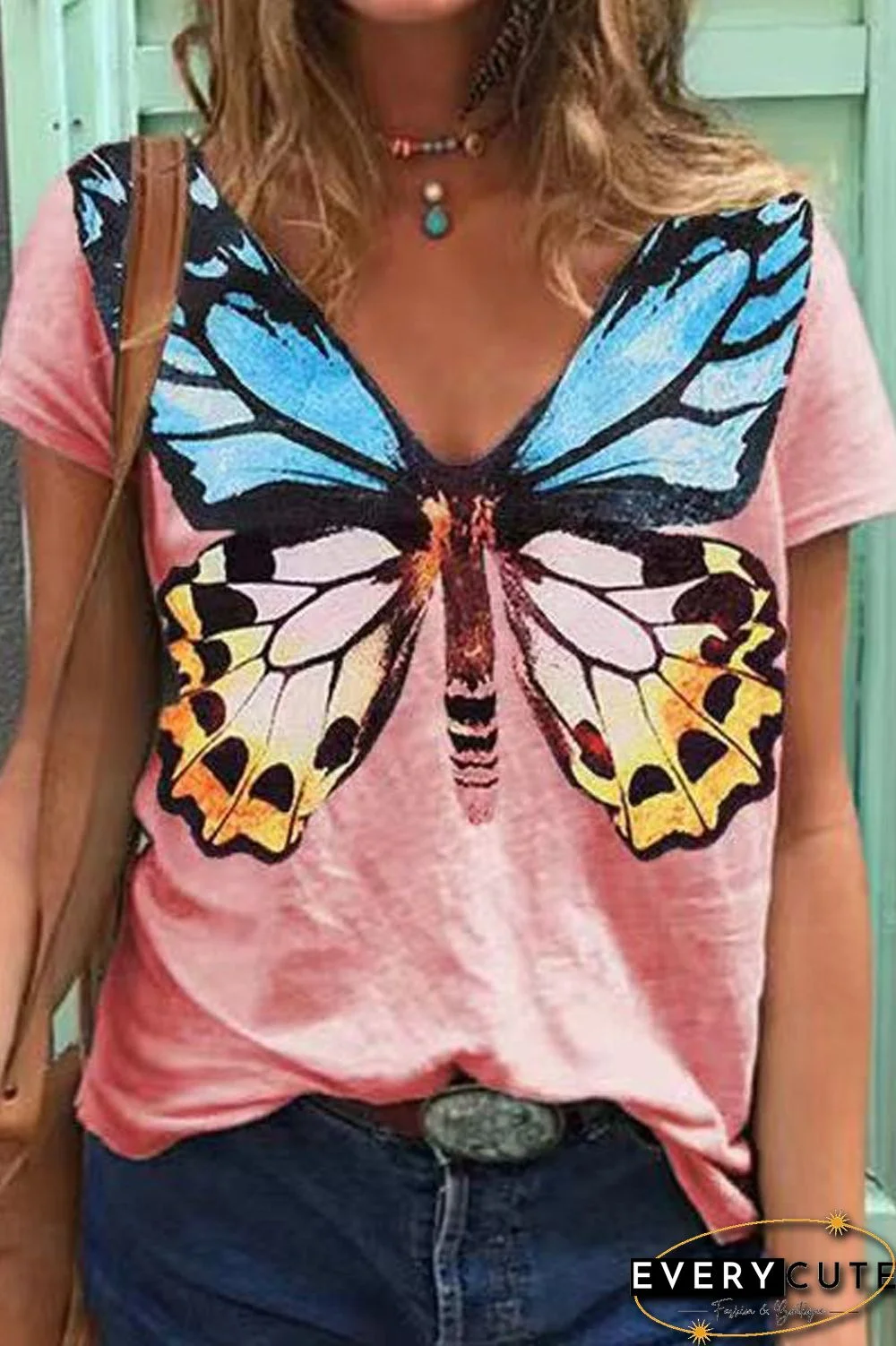 Butterfly Print V-Neck Casual T-Shirt