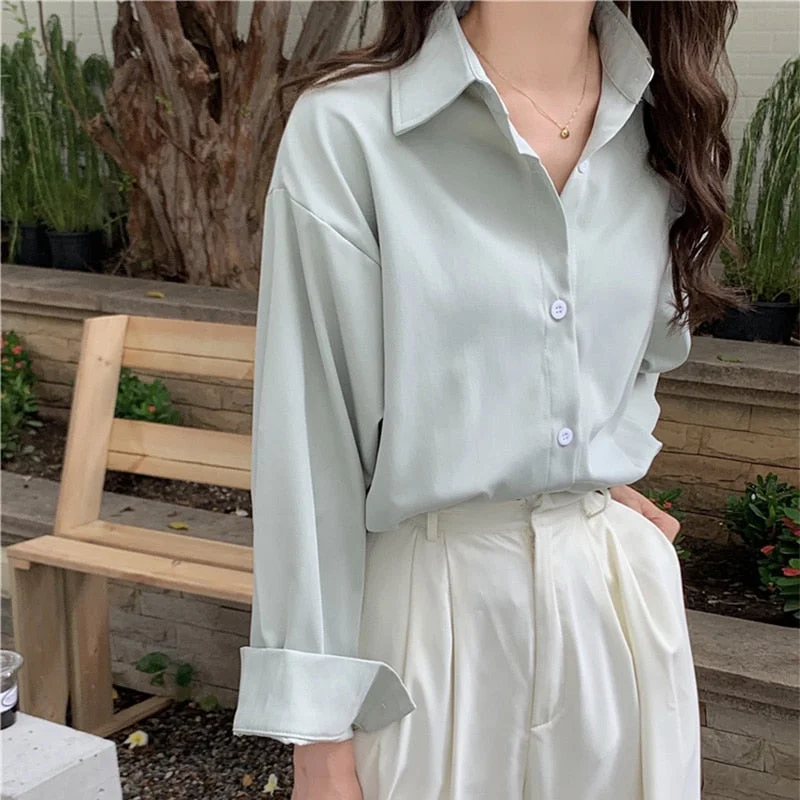 Women Minimalist Single Breasted Female Solid Color Shirts 2023 AutumnTops Oversized  Casual Blouses Shirts