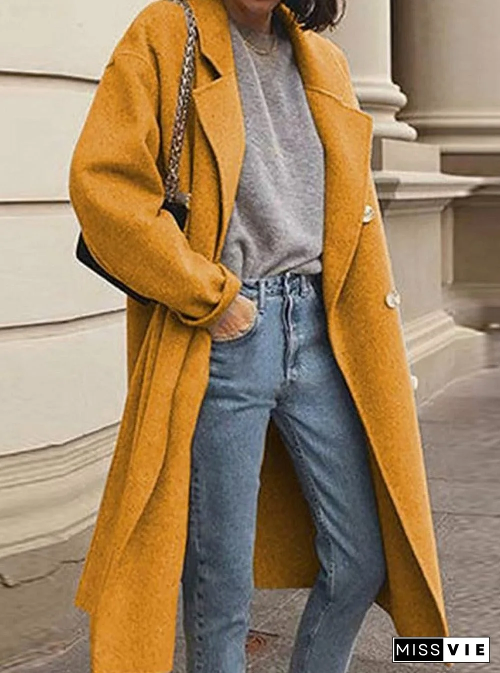 Solid Color Woolen Double-breasted Coat