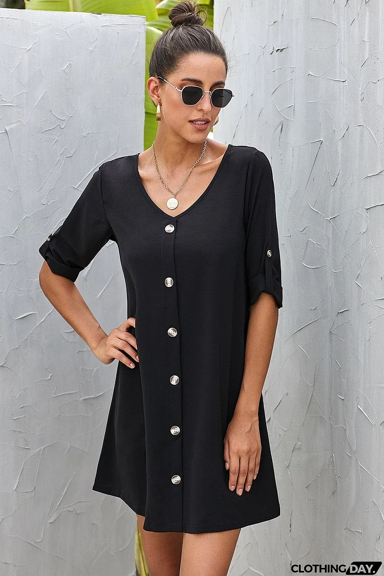 Buttoned V-Neck Dress