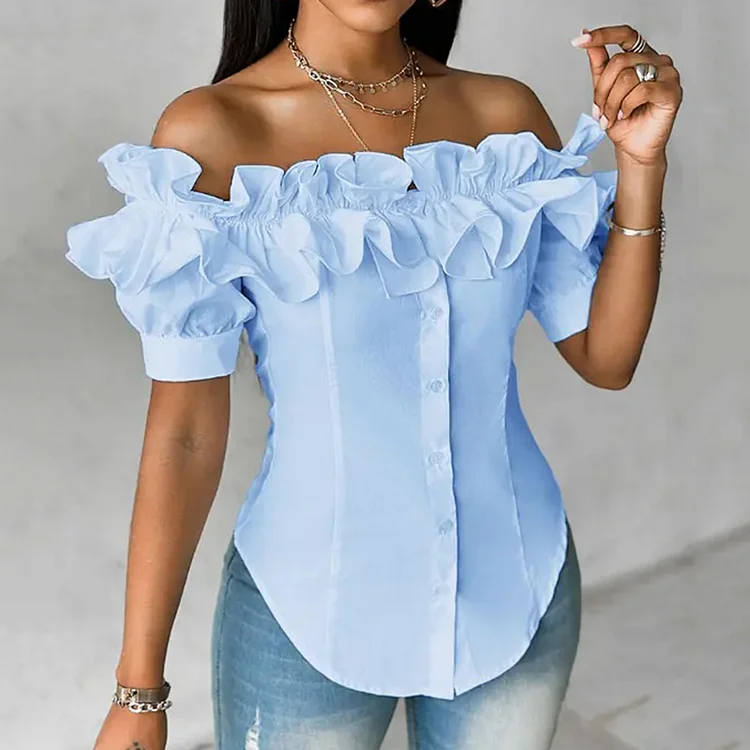 Casual Ruffled Off Shoulder Puff Sleeve Button Blouse