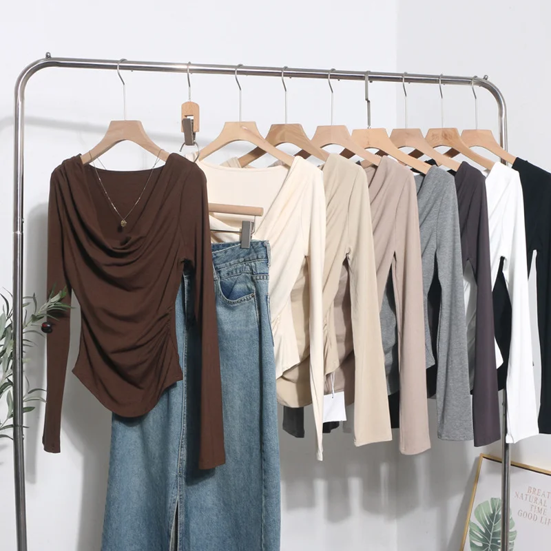 Uveng Real Shooting 褶皱 Irregular Swing Long Sleeve T-Shirt Women's Autumn/Winter New Dressed T-Shirt With A Top 1265