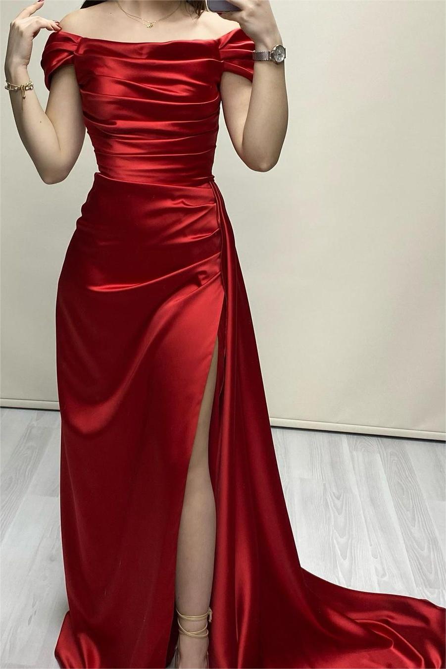 Lvs&Broner Glamorous Red Stain Off the Shoulder Sleeveless Pleated Long Prom Dress With Split