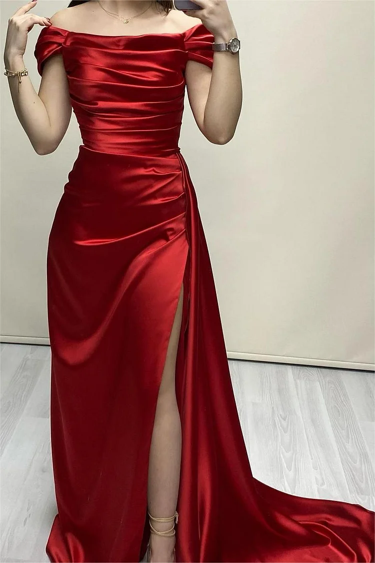 Hellodresses Glamorous Red Stain Off the Shoulder Sleeveless Pleated Long Prom Dress With Split